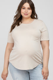 Beige Crew Neck Front Pocket Short Sleeve Maternity Plus Top