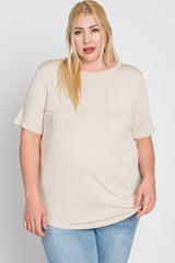 Beige Crew Neck Front Pocket Short Sleeve Plus Top