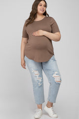 Mocha Crew Neck Front Pocket Short Sleeve Maternity Plus Top