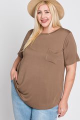 Mocha Crew Neck Front Pocket Short Sleeve Maternity Plus Top