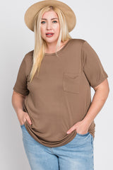 Mocha Crew Neck Front Pocket Short Sleeve Plus Top