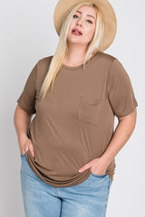 Mocha Crew Neck Front Pocket Short Sleeve Plus Top