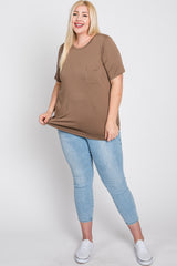 Mocha Crew Neck Front Pocket Short Sleeve Plus Top