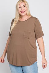 Mocha Crew Neck Front Pocket Short Sleeve Plus Top