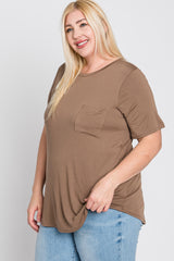 Mocha Crew Neck Front Pocket Short Sleeve Plus Top