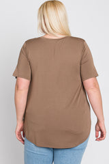 Mocha Crew Neck Front Pocket Short Sleeve Plus Top