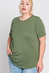 Light Olive Crew Neck Front Pocket Short Sleeve Plus Top