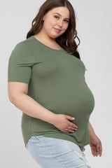 Light Olive Crew Neck Front Pocket Short Sleeve Maternity Plus Top