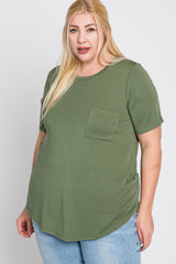 Light Olive Crew Neck Front Pocket Short Sleeve Maternity Plus Top