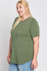 Light Olive Crew Neck Front Pocket Short Sleeve Plus Top