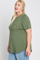 Light Olive Crew Neck Front Pocket Short Sleeve Plus Top