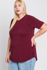 Burgundy Crew Neck Front Pocket Short Sleeve Plus Top