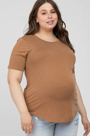 Camel Crew Neck Front Pocket Short Sleeve Maternity Plus Top