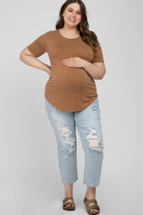 Camel Crew Neck Front Pocket Short Sleeve Maternity Plus Top