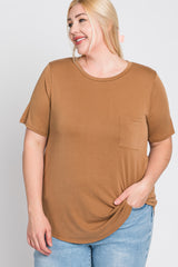 Camel Crew Neck Front Pocket Short Sleeve Maternity Plus Top