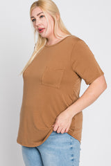 Camel Crew Neck Front Pocket Short Sleeve Plus Top