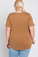 Camel Crew Neck Front Pocket Short Sleeve Plus Top