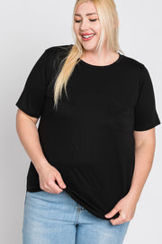 Black Crew Neck Front Pocket Short Sleeve Plus Top