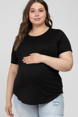 Black Crew Neck Front Pocket Short Sleeve Maternity Plus Top