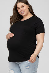 Black Crew Neck Front Pocket Short Sleeve Maternity Plus Top