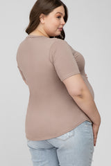 Taupe Crew Neck Front Pocket Short Sleeve Maternity Plus Top