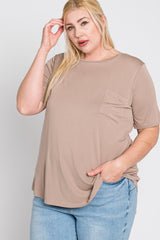 Taupe Crew Neck Front Pocket Short Sleeve Plus Top