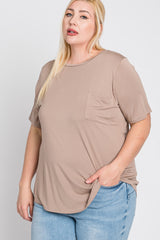 Taupe Crew Neck Front Pocket Short Sleeve Plus Top