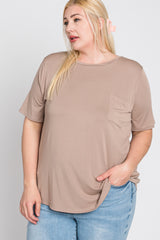 Taupe Crew Neck Front Pocket Short Sleeve Plus Top