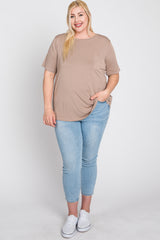 Taupe Crew Neck Front Pocket Short Sleeve Plus Top