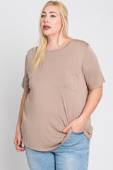 Taupe Crew Neck Front Pocket Short Sleeve Plus Top