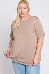 Taupe Crew Neck Front Pocket Short Sleeve Plus Top