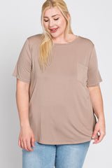 Taupe Crew Neck Front Pocket Short Sleeve Plus Top