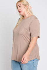 Taupe Crew Neck Front Pocket Short Sleeve Plus Top