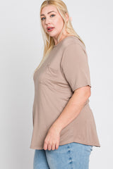 Taupe Crew Neck Front Pocket Short Sleeve Plus Top