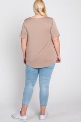 Taupe Crew Neck Front Pocket Short Sleeve Plus Top