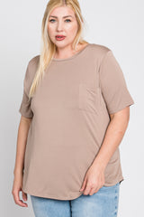 Taupe Crew Neck Front Pocket Short Sleeve Plus Top