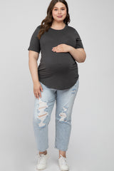 Grey Crew Neck Front Pocket Short Sleeve Maternity Plus Top