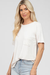 Beige Crew Neck Front Pocket Short Sleeve Top