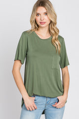 Light Olive Crew Neck Front Pocket Short Sleeve Top