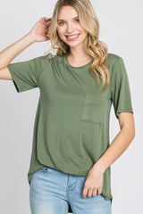 Light Olive Crew Neck Front Pocket Short Sleeve Top