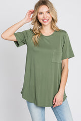 Light Olive Crew Neck Front Pocket Short Sleeve Top