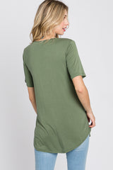 Light Olive Crew Neck Front Pocket Short Sleeve Top