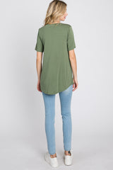 Light Olive Crew Neck Front Pocket Short Sleeve Top