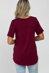 Burgundy Crew Neck Front Pocket Short Sleeve Maternity Top