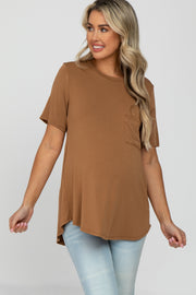 Camel Crew Neck Front Pocket Short Sleeve Maternity Top