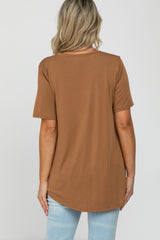 Camel Crew Neck Front Pocket Short Sleeve Maternity Top