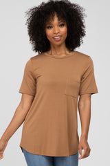 Camel Crew Neck Front Pocket Short Sleeve Maternity Top