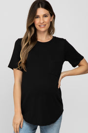 Black Crew Neck Front Pocket Short Sleeve Maternity Top