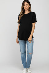 Black Crew Neck Front Pocket Short Sleeve Maternity Top