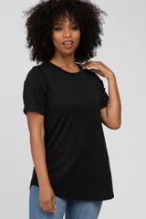 Black Crew Neck Front Pocket Short Sleeve Maternity Top